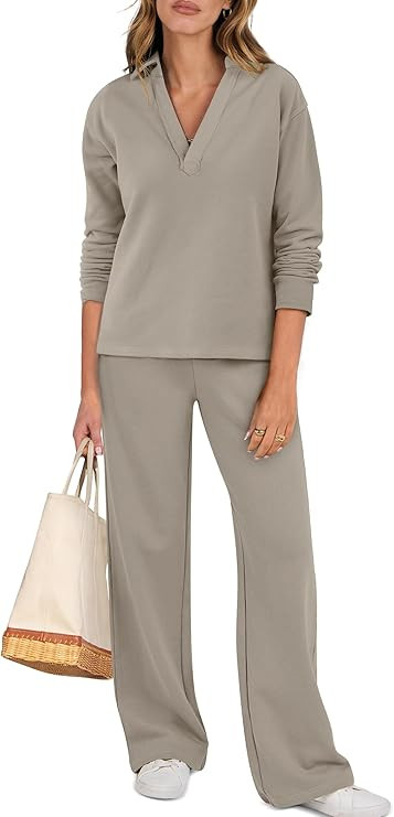 ANRABESS Lounge Sets for Women 2 Piece Outfits Sweatsuit Set Fall V Neck Sweatshirts Wide Leg Pan... | Amazon (US)