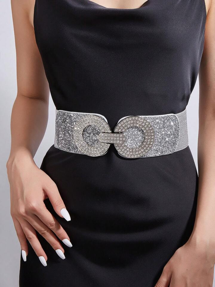 1pc Women's Square Buckle Face Rhinestone Dress Decoration Fashionable Stretch Waist Belt, Suitab... | SHEIN