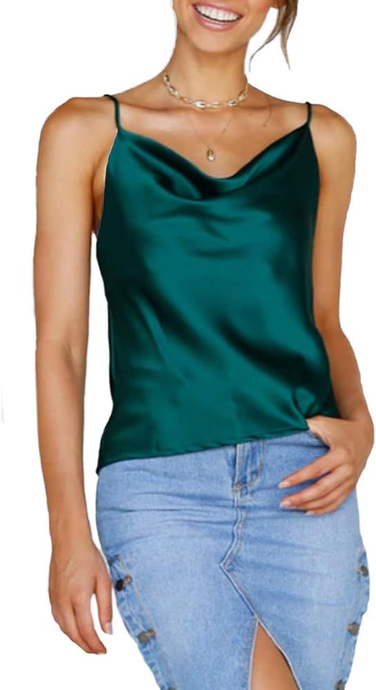 Women Cowl Neck Silky Cami Tank Top Soft Summer Strappy Camisole Crop Top | Amazon (US)