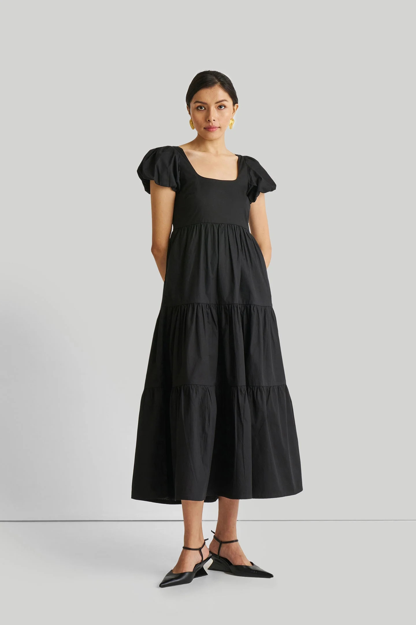 Puff Sleeve Tiered Maxi Dress in Black | Shop Simon