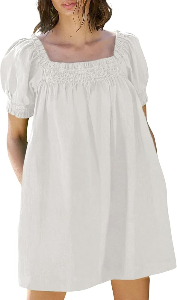 Huaqiao Womens Summer Mini Dress 2026 A-Line Square Neck Puff Sleeve Beach Sundress Casual Short ... | Amazon (US)