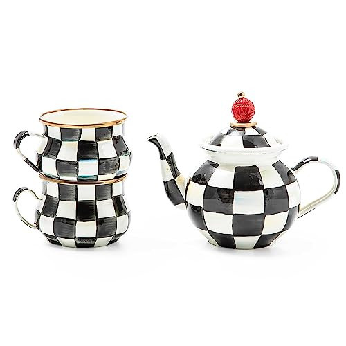 MACKENZIE-CHILDS Enamel Tea Party Set, Unique Teapot and Teacups, Tea Accessories Set, Black-and-White Courtly Check | Amazon (US)