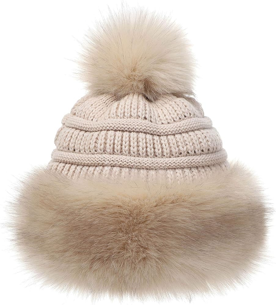 Soul Young Women's Faux Fur Hat Black Russian Cossack Knit Pompom Ski Snow Cap for Winter White | Amazon (US)