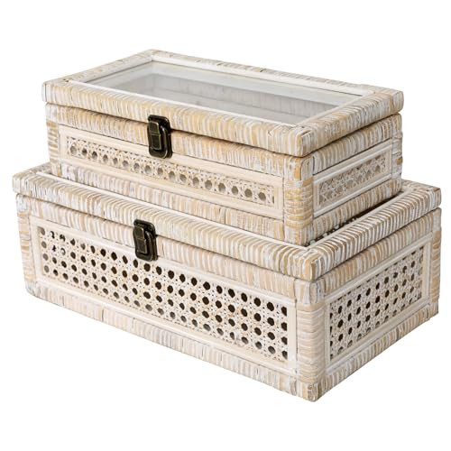 DECOR4SEASON Rattan and Cane Stacking Boxes with Glass Top Lid - Set of 2 11.8" and 14.1", for Boho and Rustic Farmhouse Decor, White Wash | Amazon (US)