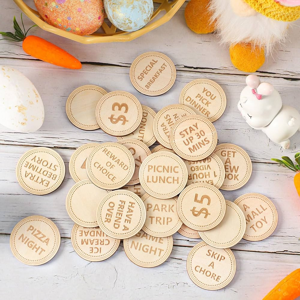 CypherX Easter Egg Fillers- Wooden Easter Reward Tokens, Easter Prizes Stuffers Coins, Family Nig... | Amazon (US)