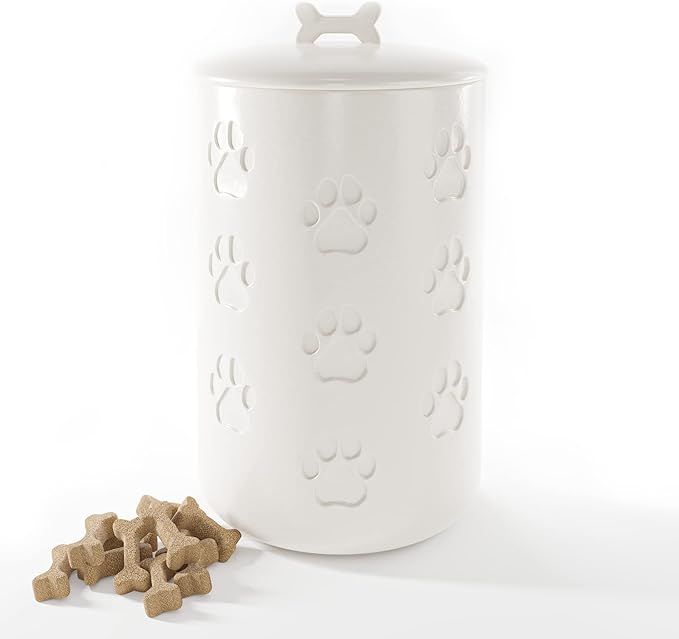 Dog Treat Container Airtight - 5" Round x 9" Tall Ceramic Dog Treat Jar with Lid - White Dog Trea... | Amazon (US)