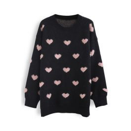 Pinky Heart Oversized Fuzzy Knit Sweater | Chicwish