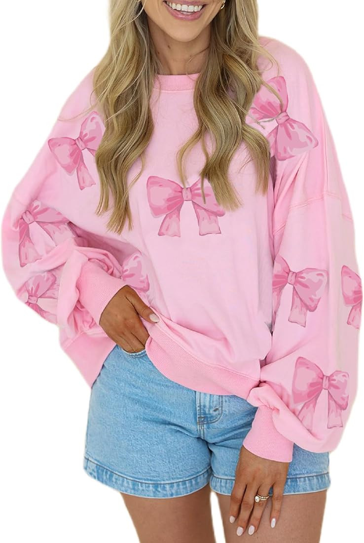 Amazon.com: Women Cute Bow Print Sweatshirt Long Sleeve Oversized Pullover Top Y2K Bowtie Graphic... | Amazon (US)