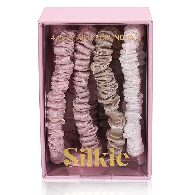 SILKIE x4 Set 100% Pure Mulberry Silk Black Brown Skinny Scrunchies Travel Pouch Everyday Hair Ti... | Amazon (US)