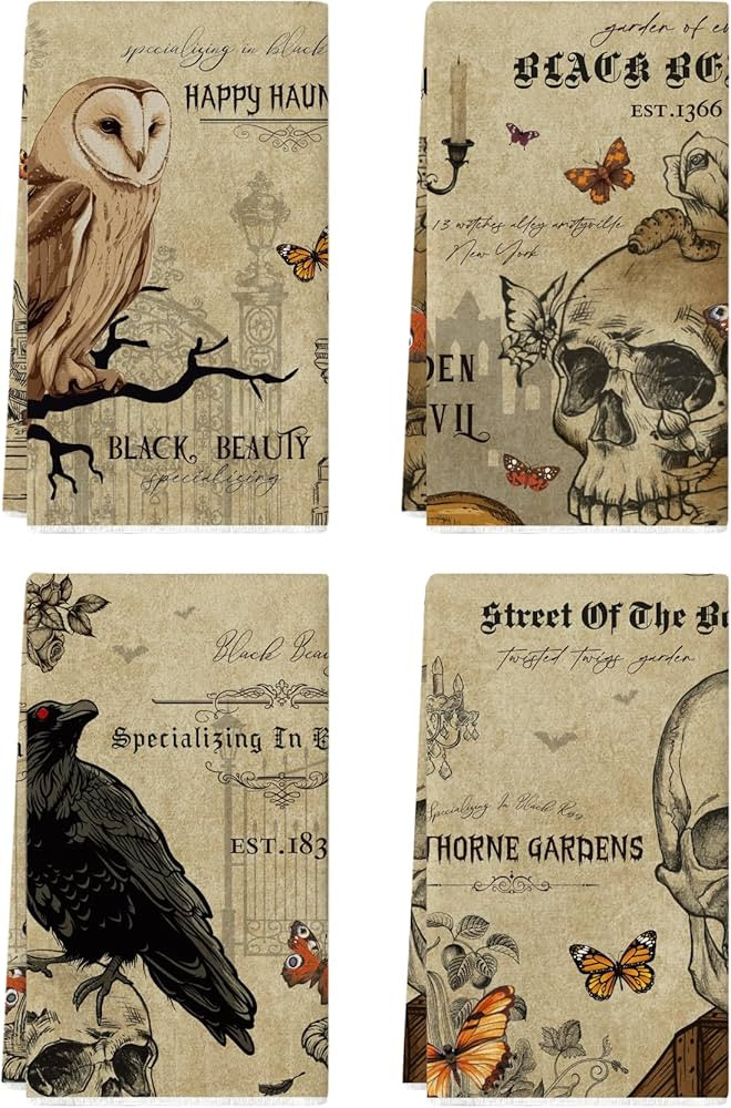 4 Pcs Vintage Halloween Kitchen Towels Tea Towels Decorative Set, 27.5x20 Inch Skeletons Crows Ow... | Amazon (US)