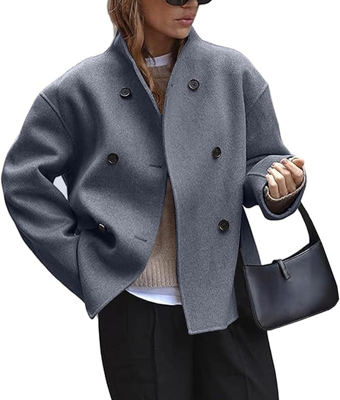 Women's Stand Collar Jacket Winter Long Sleeve Wool Blend Short Double Breasted Pea Blazer Coat O... | Amazon (US)