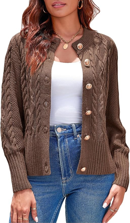 Saodimallsu Womens Cropped Cardigan Sweaters Cable Knit Chunky Button Down Lantern Sleeve Open Fr... | Amazon (US)