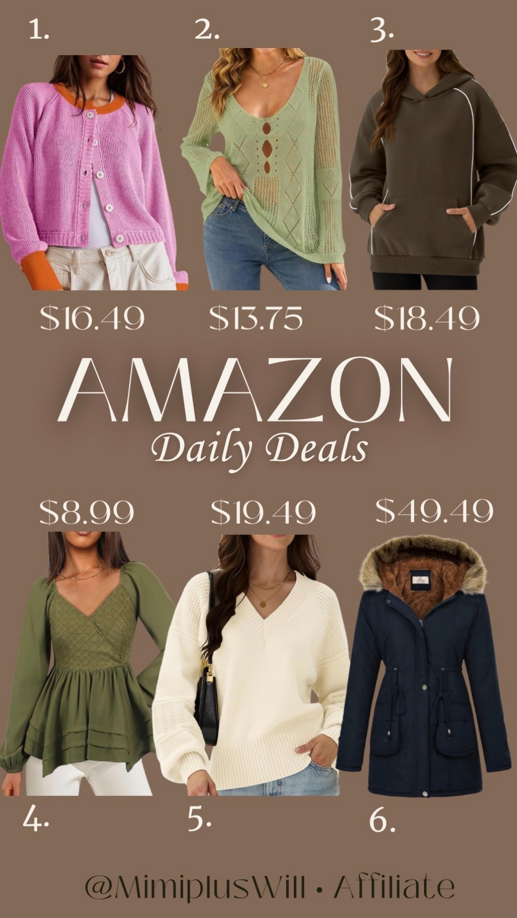 Amazon daily deals! Use the codes listed below for a limited time!

1. L9ZP93I5
2. DLK5C4UE
3. THO9YO6D
4. 9T2O36CZ
5. CVEQDBR3
6. PFYTNODU

Amazon deals | Amazon | winter jacket | sweater | cardigan | hoodie 
Follow @mimipluswill for more! 

#LTKFindsUnder50 #LTKSeasonal #LTKSaleAlert