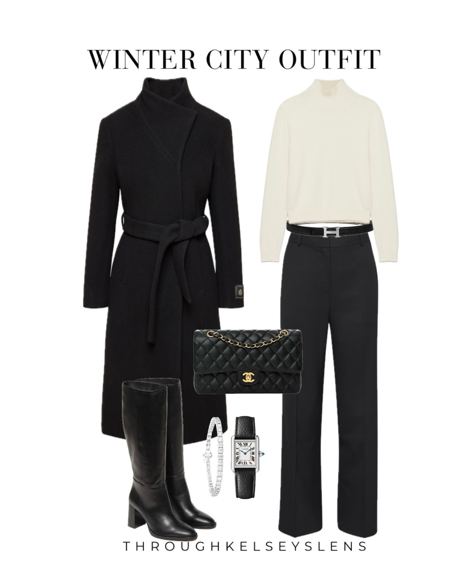 Winter city outfit black wrap coat
Aritzia white cashmere turtleneck black trousers Hermes belt black knee high boots Chanel classic flap Cartier tank diamond tennis bracelet workwear office outfit work wear

#LTKSeasonal #LTKWorkwear #LTKStyleTip