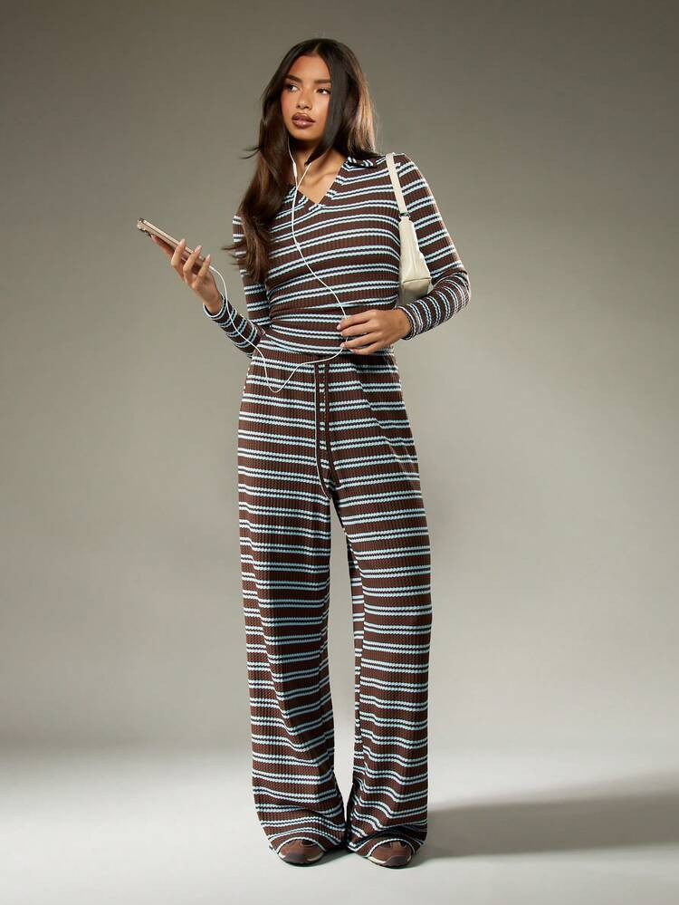 MISSGUIDED Women Ribbed Knit Two Pieces Loungewear Matching Set Co Ord Long Sleeve Top Wide Leg Pants Fall Winter Outfit Casual Drawstring Waist | SHEIN