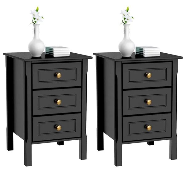 Topeakmart 2PCS 3 Drawers Nightstand Tall End Table Storage Wood Cabinet Bedroom Side Storage Bla... | Walmart (US)