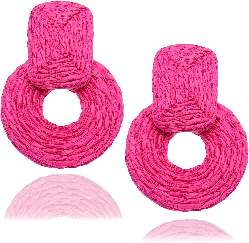 Statement Raffia Earrings for Women, Big Boho Handmade Rattan Earrings Dangling in Summer on Beac... | Amazon (US)
