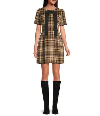 Lantern Bow Plaid Crew Neck Short Sleeve Mini Dress | Dillard's