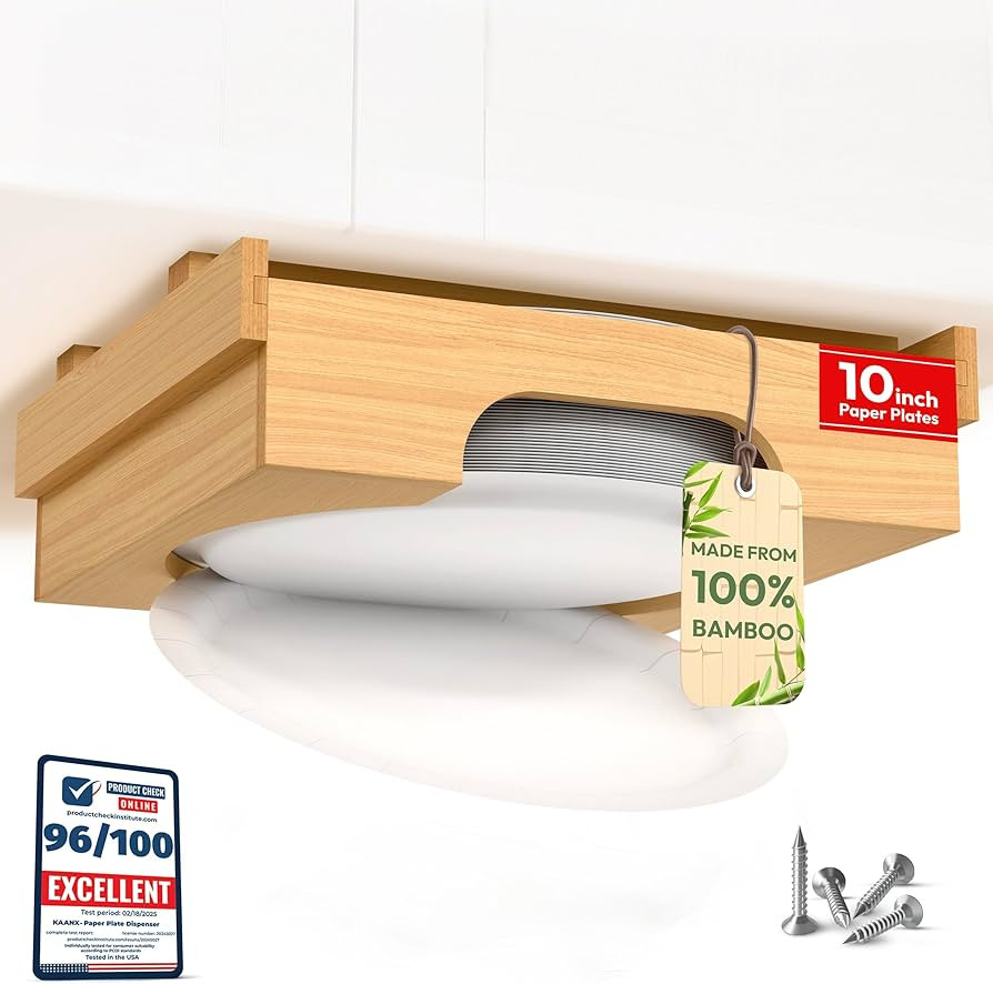 10 inch Paper Plate Dispenser Holder Bamboo Under Cabinet Vertical Rack for Kitchen Countertop Or... | Amazon (US)