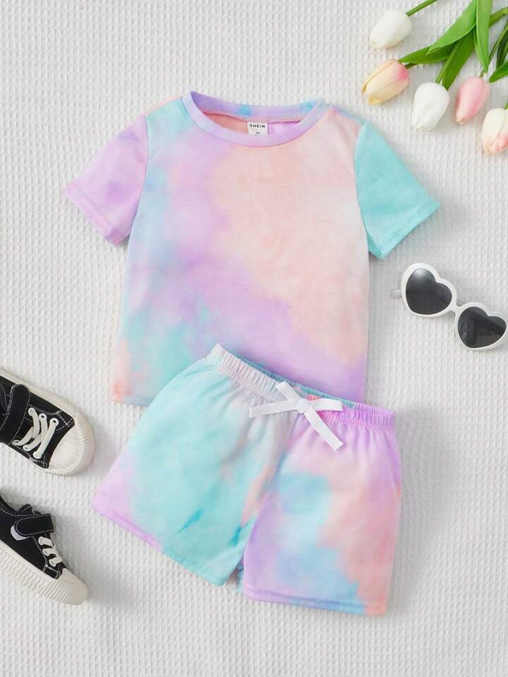 SHEIN Baby Girl 2pcs/Set Tie-Dye Round Neck Short-Sleeved T-Shirt Elastic Waist Butterfly-Knotted... | SHEIN