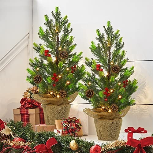 Juegoal 2 Pack Artificial Mini Christmas Trees, 24 Inch Lighted Tabletop Xmas Pine Tree with Ligh... | Amazon (US)