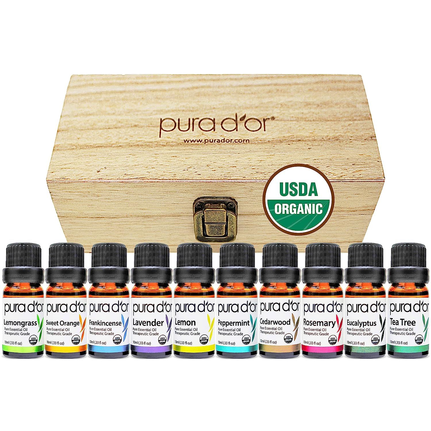 PURA D'OR Organic Perfect10 Essential Oils Set - 10x 10m Wood Box Aromatherapy Gift Set - 100% Pu... | Amazon (US)