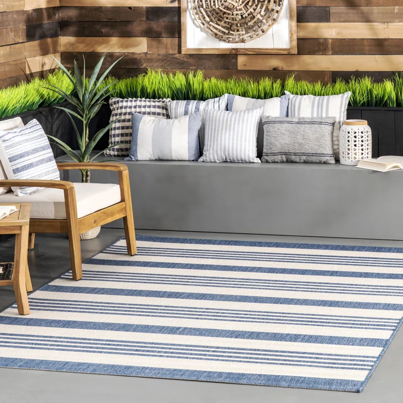 Soraya Power Loom Striped Blue Indoor/Outdoor Patio Rug | Wayfair North America