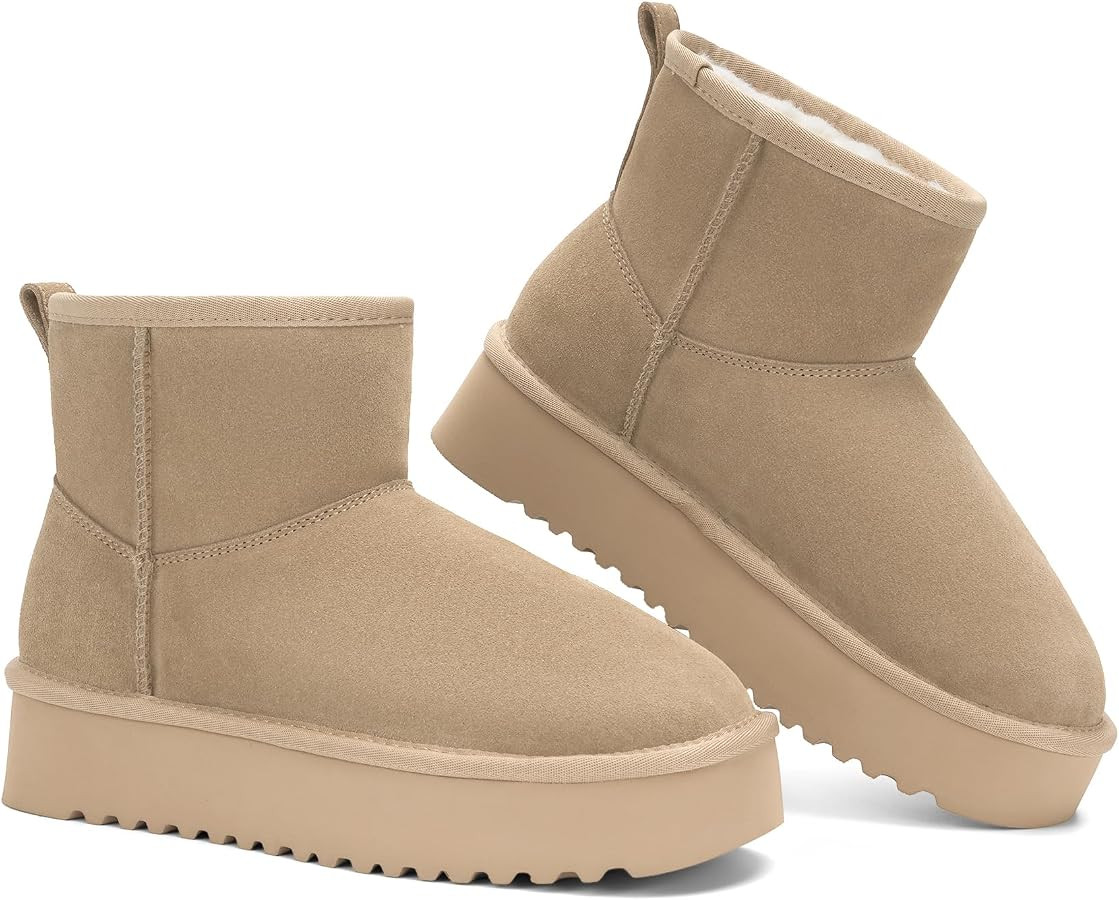 Genuine Leather Ankle Boots for Women Platform Winter Mini Snow Boots | Amazon (US)