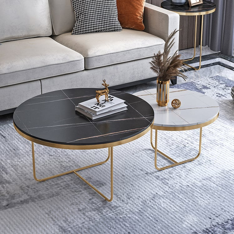 Modern Round Nesting Coffee Table Set 2-Piece Black and White Stone Top Gold Base | Homary