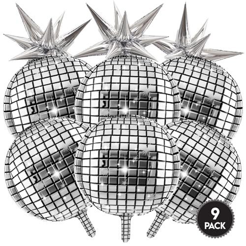 Inflatable Disco Ball Balloons Pack of 9-22” Silver Mylar Foil Disco Party Balloons with Star Balloons, Ribbon & Pipe for New Year's Disco Ball Decorations Party, Bachelorette, Birthday Décor | Amazon (US)