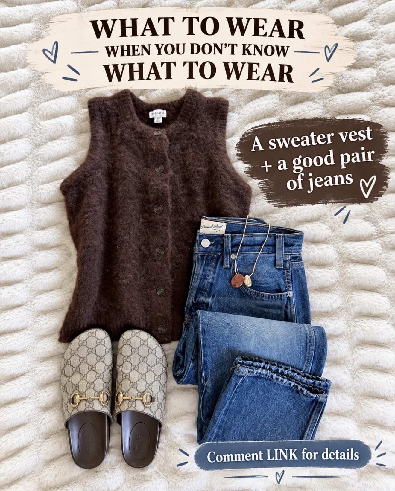 A sweater vest + a really good pair of jeans… one of those easy outfit formulas that always works. 🤎

Comment LINK and I’ll send you the details! 🔗

#LTKOver40 #LTKSeasonal #LTKmomlife