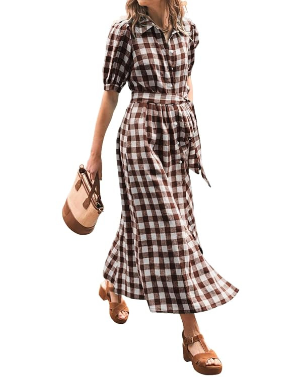 CHARTOU Women Summer Plaid Puff Short Sleeve Dress Button Down Long Shirt Dress with Belt | Amazon (US)