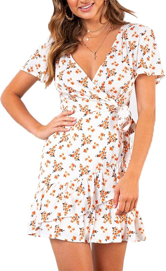 Relipop Summer Women Short Sleeve Print Dress V Neck Casual Short Dresses | Amazon (US)