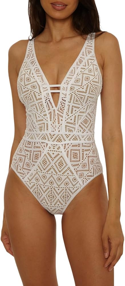 BECCA Women's Color Play One Piece Swimsuit, Plunge Neck, Crochet, Bathing Suits | Amazon (US)