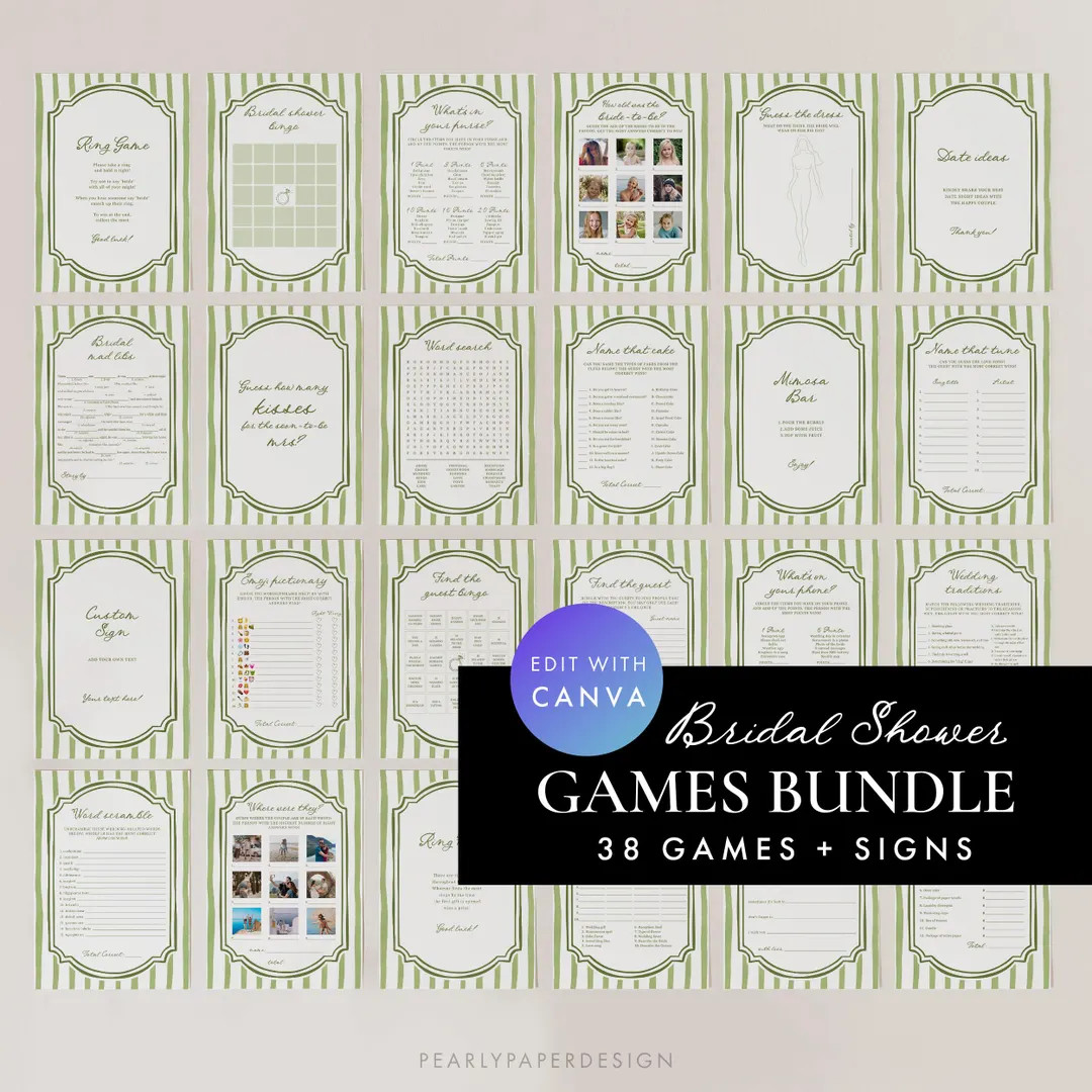 Bridal Shower Games Bundle, Green Stripe Bachelorette Party Games Bundle, Whimsical Bridal Games,... | Etsy (Global)