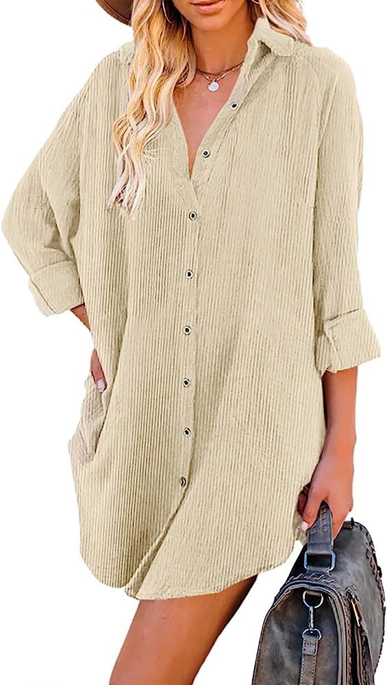 Astylish Women Casual Long Sleeve Button Down Oversized Corduroy Shirt Dress with Pocket | Amazon (US)