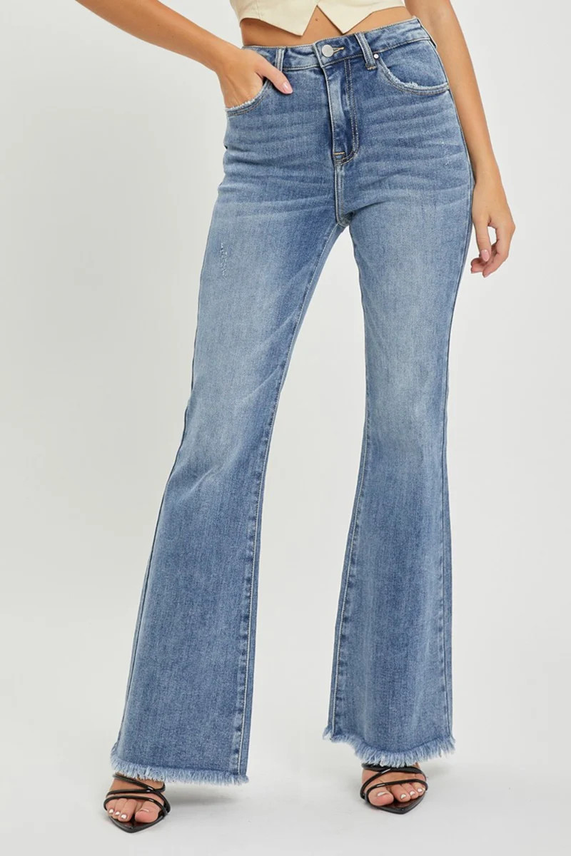 RISEN High Waist Raw Hem Flare Jeans | @shopisostyle