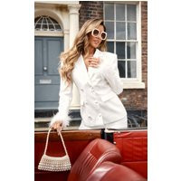 BRIDAL White Tailored Pearl Embellished Feather Cuff Blazer | PrettyLittleThing CAN