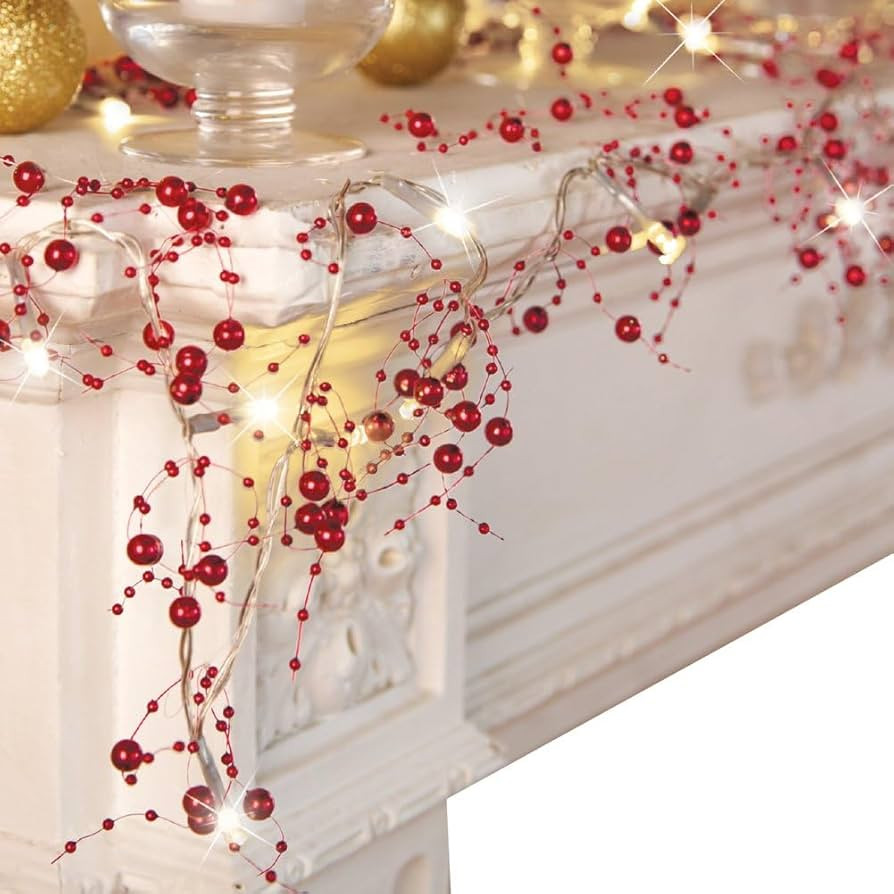 Collections Etc Indoor Christmas Decorations, Festive Lighted Berry Beaded Garland Red- 120" L | Amazon (US)