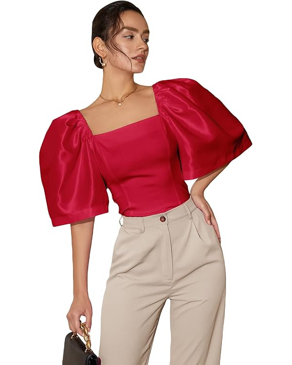 Floerns Women's Square Neck Puff Short Sleeve Elegant Blouse Crop Top | Amazon (US)