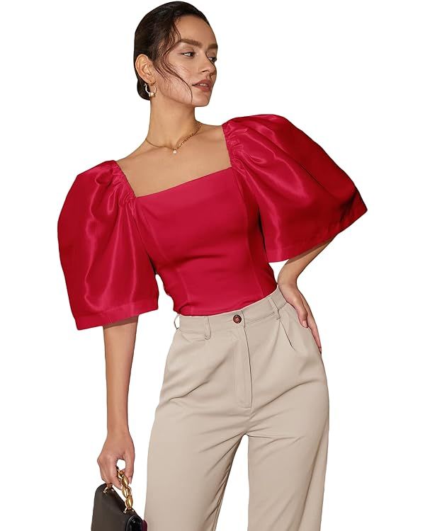 Floerns Women's Square Neck Puff Short Sleeve Elegant Blouse Crop Top | Amazon (US)