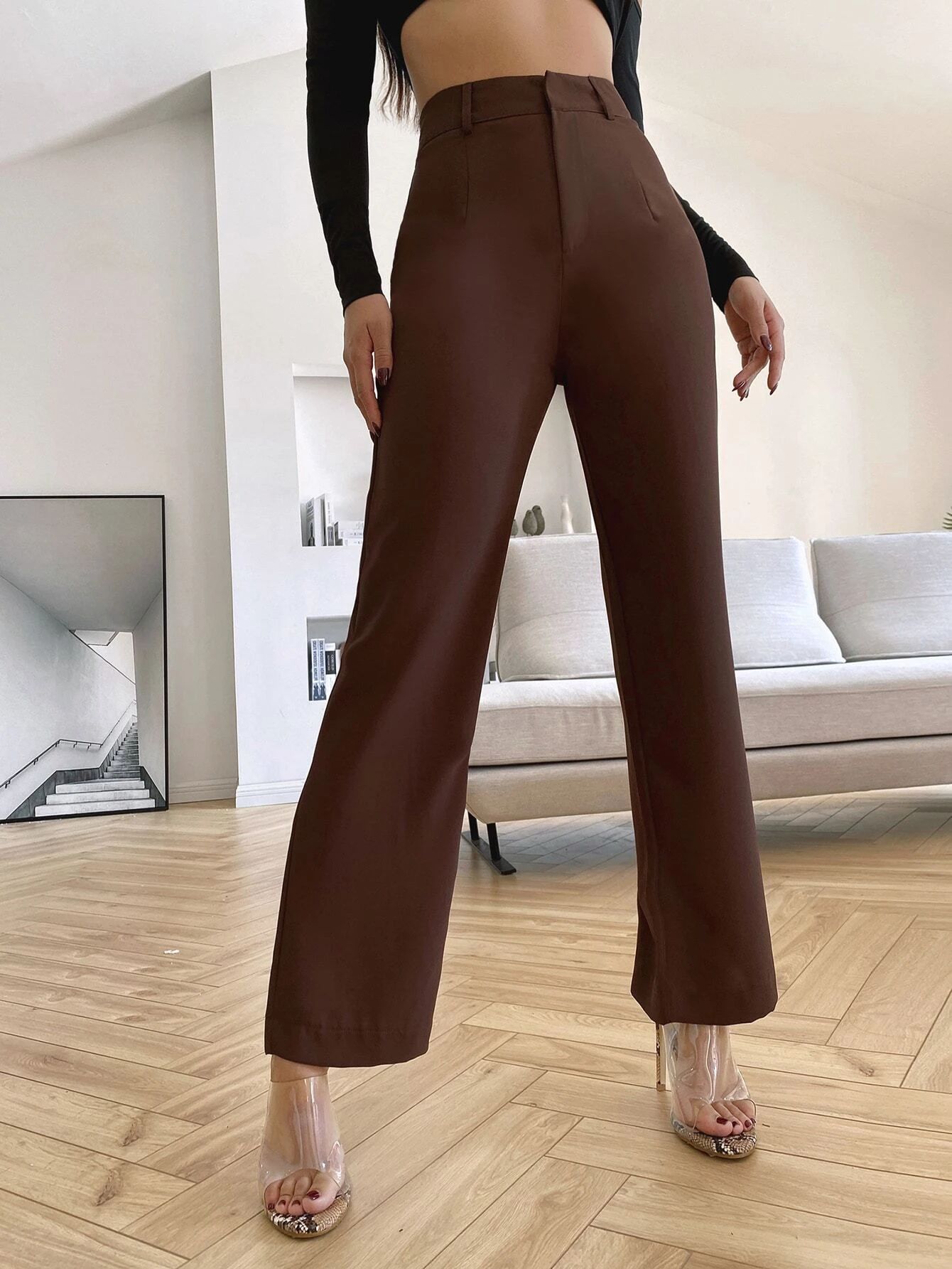 Solid High Rise Tailored Pants | SHEIN