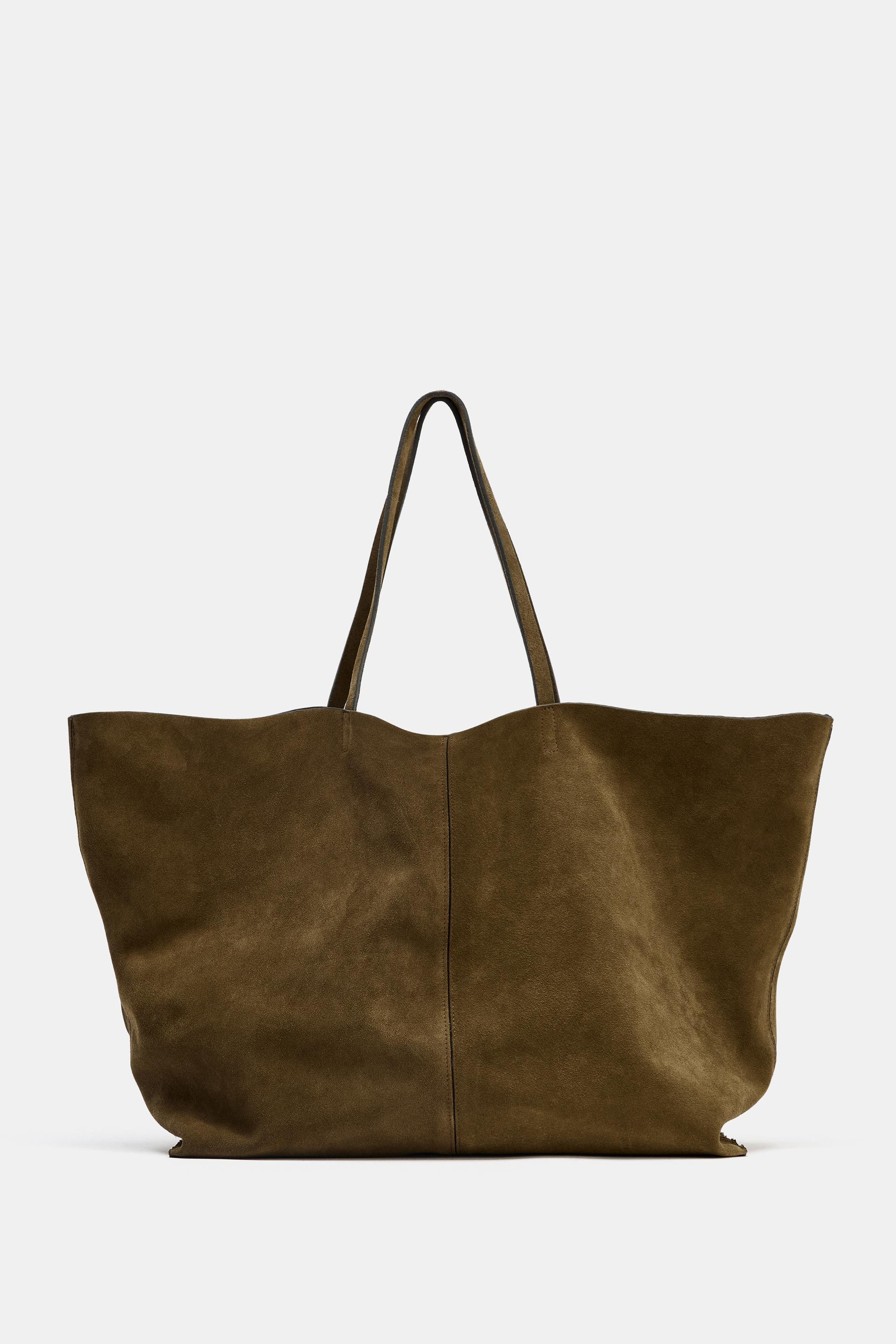 Zara - Maxi Split Leather Shopper Bag - Women - Khaki Green - Women | Zara US