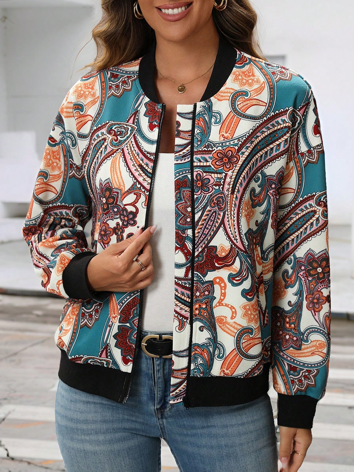 EMERY ROSE Women's Retro Style Printed Zip-Up Jacket | SHEIN