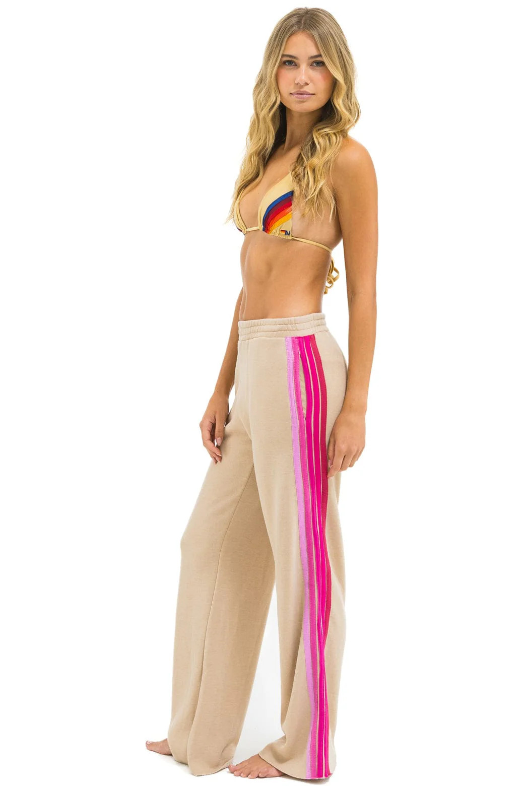 5 STRIPE WIDE LEG POCKET SWEATPANTS - SAND // PINK | Aviator Nation