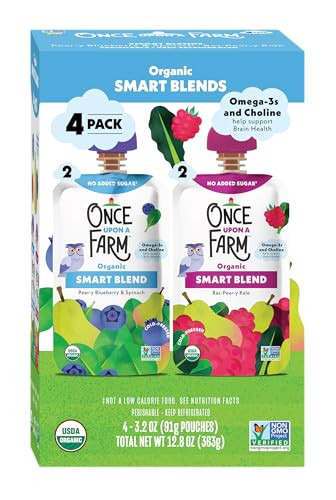 Once Upon a Farm Organic Smart Blend, Pear-y Blueberry and Spinach and Rasp-Pear-y Kale Variety 4PK, Kids Snack, 3.5oz Pouch | Amazon (US)