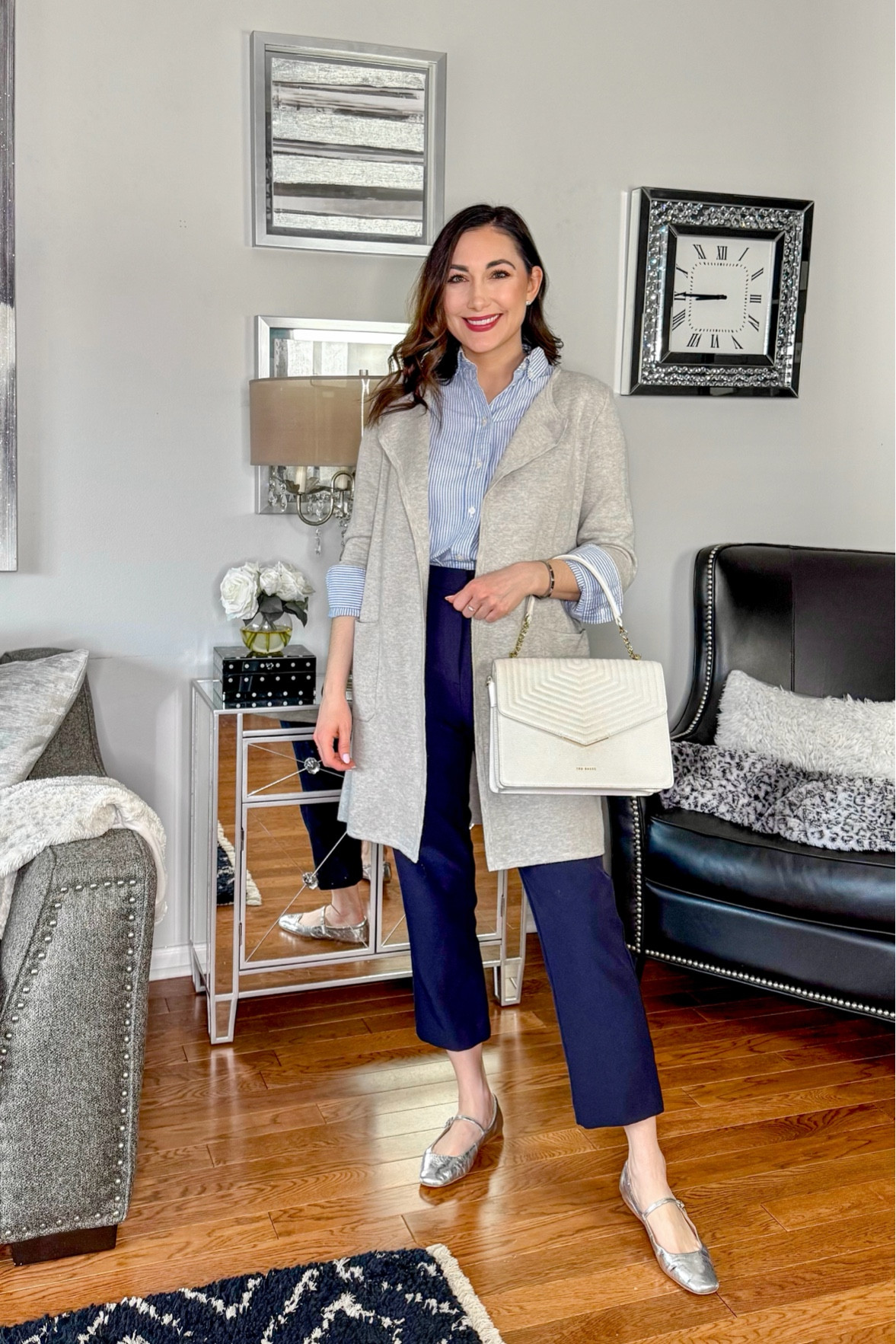 Spring business casual work outfit 💙🤍

Grey long sweater blazer size xs, size down fits big 
Striped button up collared shirt
Navy pants size 4, TTS
Silver Mary Jane flats size 7, TTS (so comfy)

#LTKStyleTip #LTKWorkwear #LTKShoeCrush