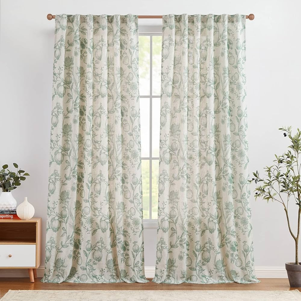 jinchan Linen Curtains Floral Curtains for Living Room 96 Inch Long Green French Curtains Rod Poc... | Amazon (US)