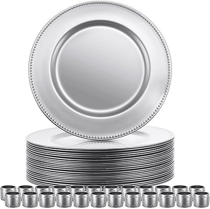 24 Pieces 13 Inch Round Charger Plate with Matching Napkin Rings Plastic Charger Plates Decoratio... | Amazon (US)