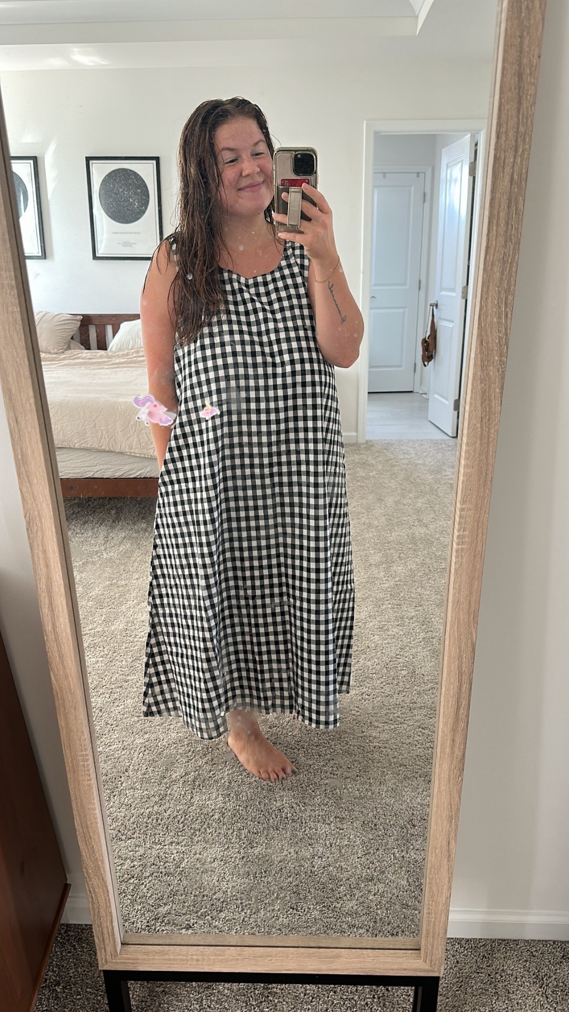 Cozy 100% cotton gingham dress WITH pockets!!! 
This is the perfect end of summer dress that can easily be layered with a sweater for fall! 